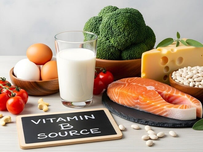 Živila, bogata z vitaminom B6: losos, sir, jajca, mleko, paradižnik, fižol in brokoli.